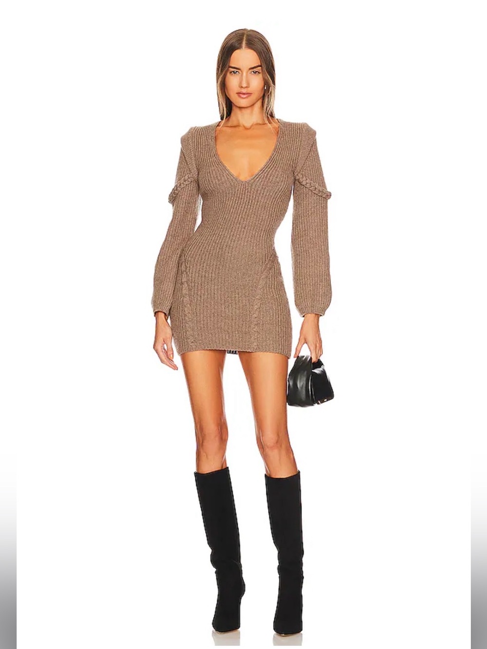 Knit V-Neck Long Sleeve Mini Dress in Taupe